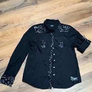 Sinful black cotton snap down shirt angel wings on back